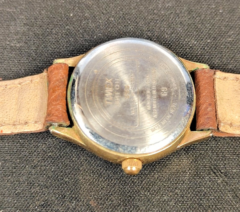 Timex 364 T Cell Moon Phase Quartz Wristwatch Gold Tone Brown Leather Band