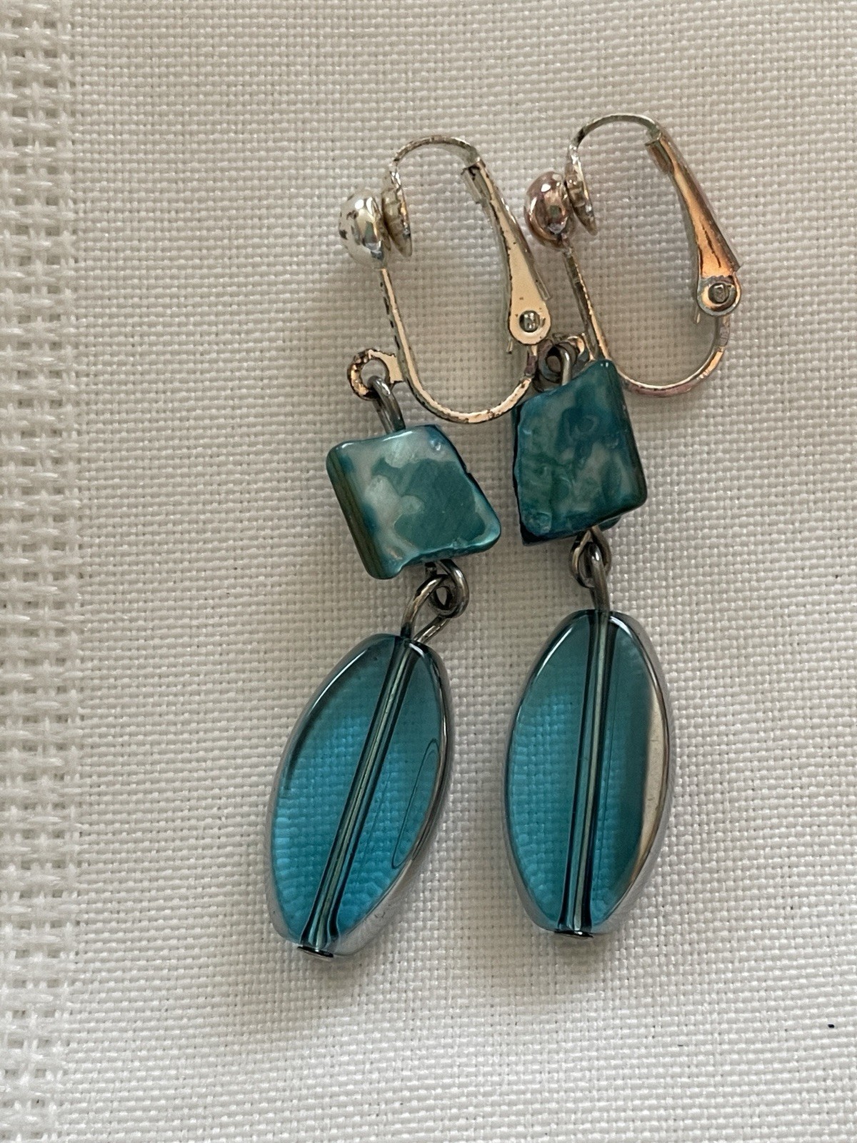 2 Iridescent Shell Bead & Metal Accent Necklaces / Pair Matching Clip Earrings