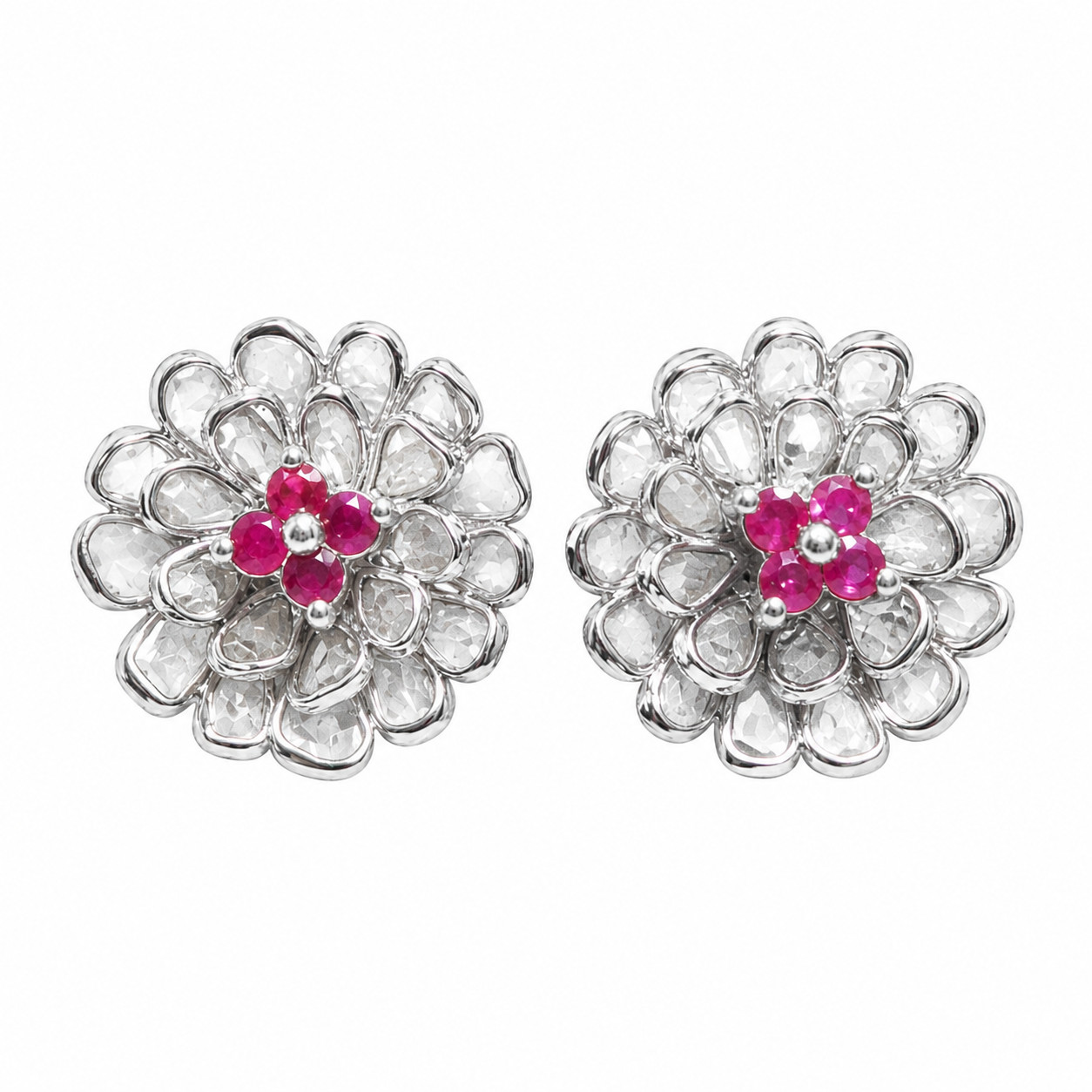 Polki Floral Stud Earrings Pink Tourmaline Gold Plated Indian Wedding Gift