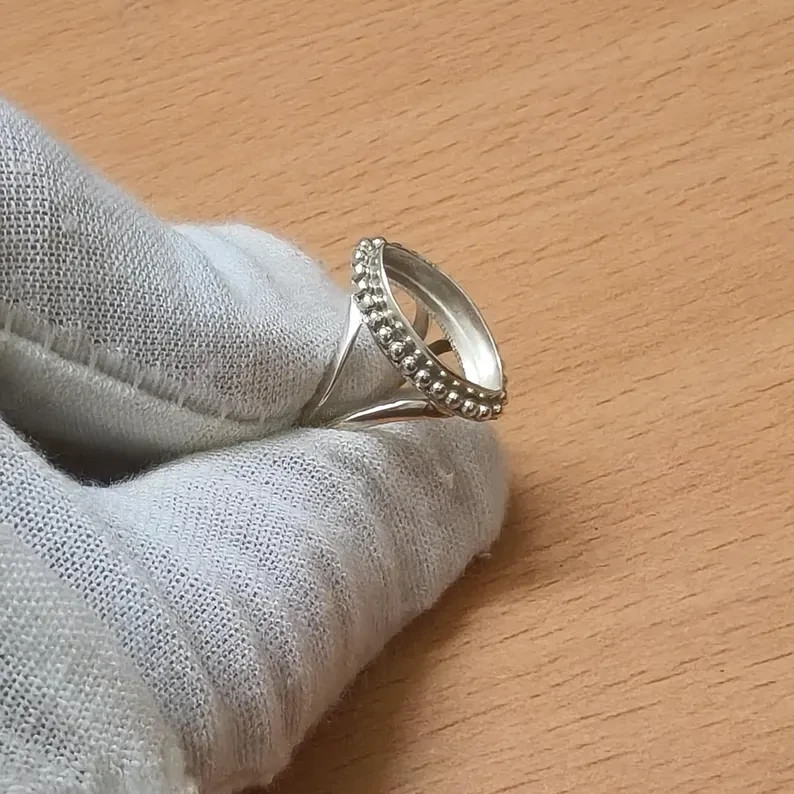 925 Sterling Silver 8x16mm Marquise Bezel Ring Blank Beaded Band DIY Jewelry