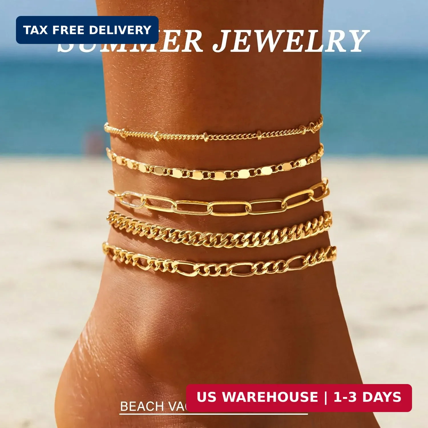 Ankle Bracelets for Women Waterproof, 14k Gold Plated Jewelry Set Layered Cuban