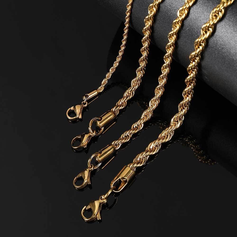 3-7mm Woman Man 18k Gold Plated Stainless Steel Rope Chain Bracelet Bangle 7-9”
