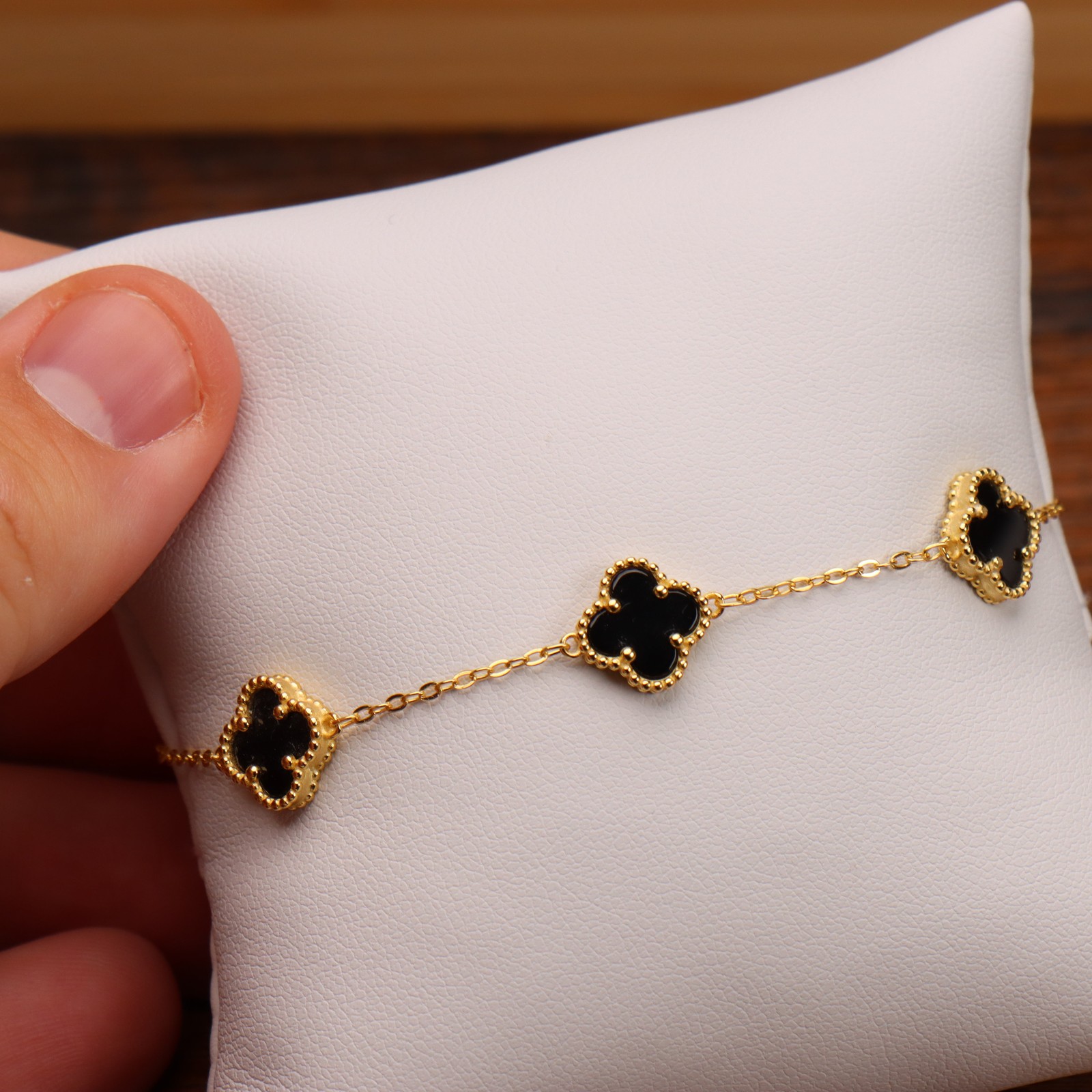 Black Onyx Clover Bracelet 14K Gold Over 925 Sterling Silver 7-8″ inch