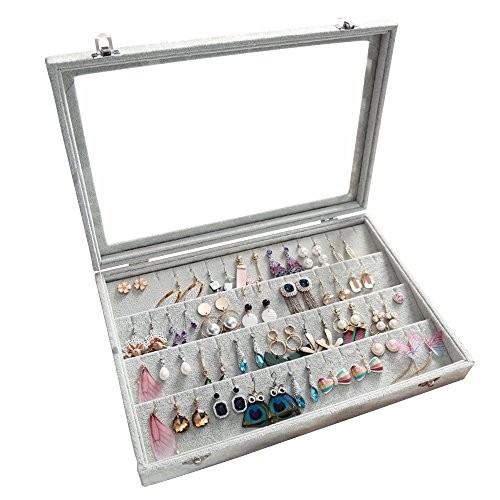 Velvet Clear Lid Earring Box Organizer Storage 55 Pairs Stud Tray Earrings