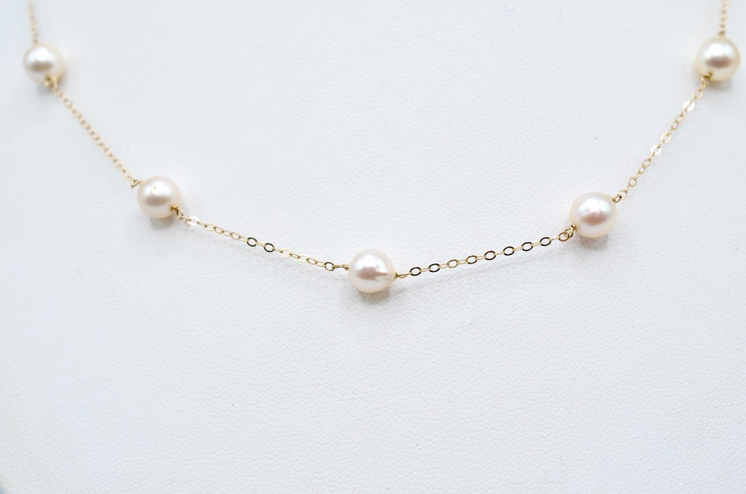 Vintage 14k Gold & White Pearl Necklace – 10 Pearls ~6.9mm – 16.25″ – 5.5g