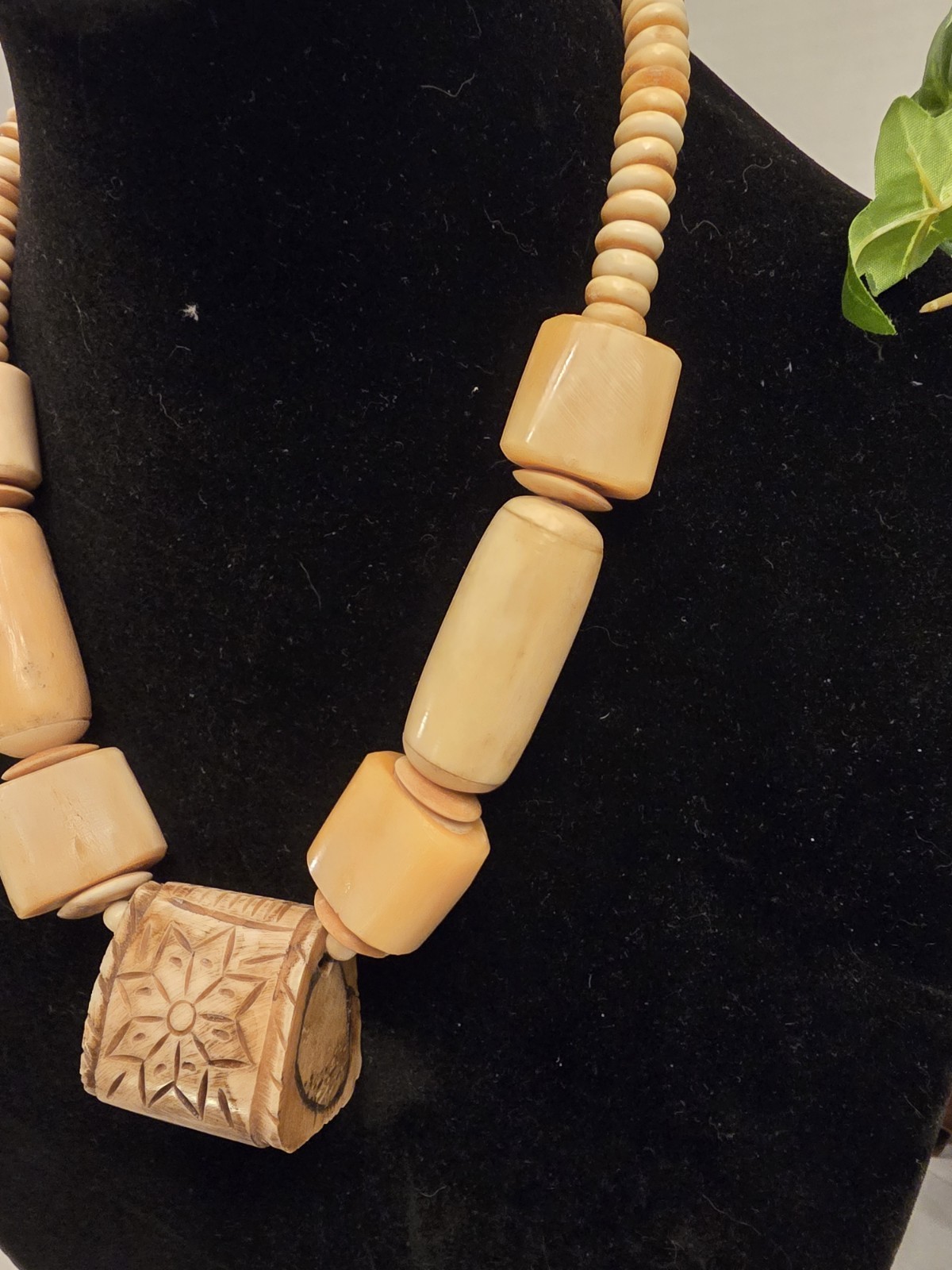 Vintage Kenya Hand-Carved Beaded Tribal Boho Necklace with Large Pendant 22″