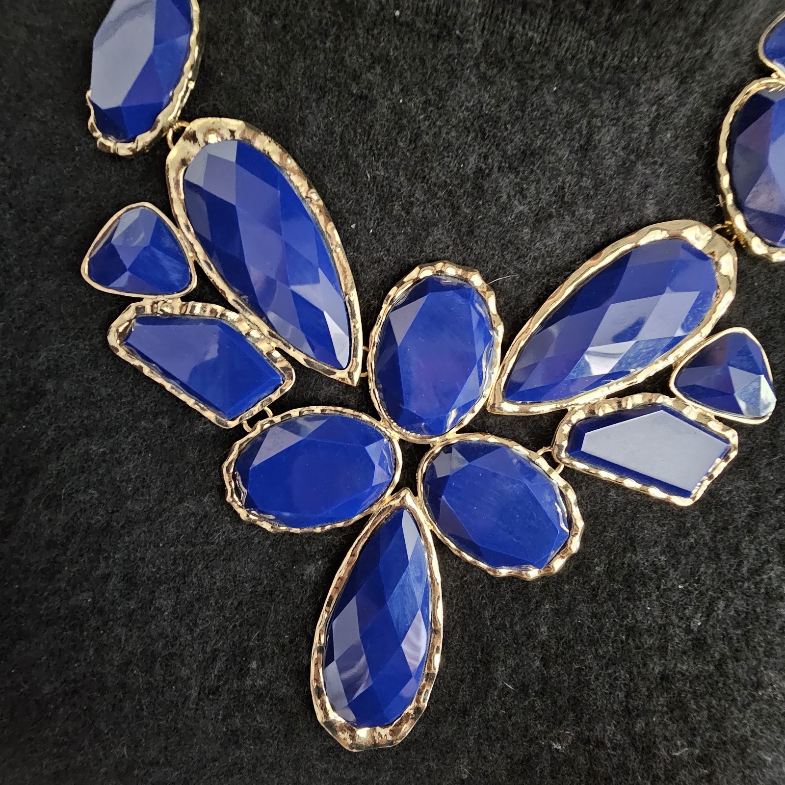 Gold Tone Blue Faceted Floral Statement Necklace Chunky Bib Necklace
