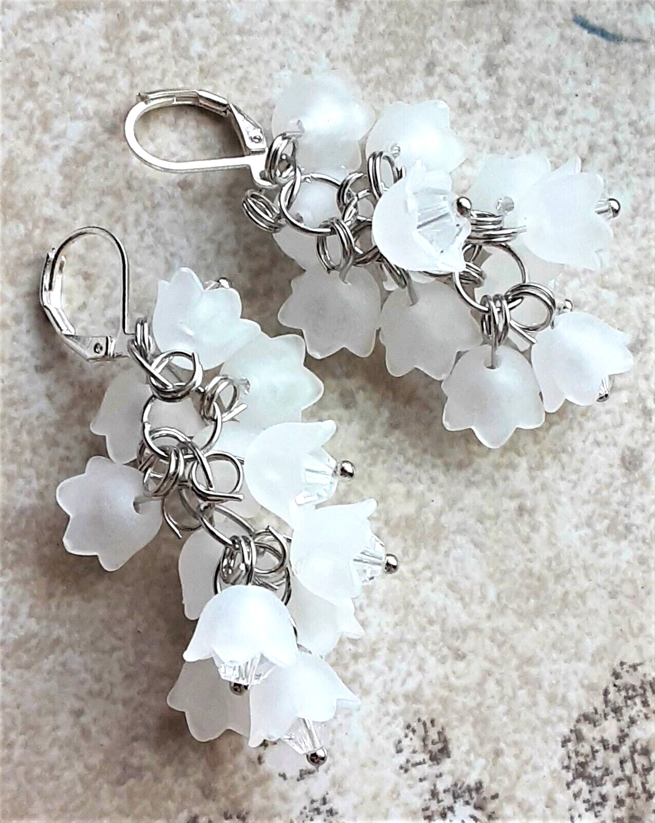 WHITE FLOWER CLUSTER Long Dangle wedding mothers day earring SP LEVER BACK