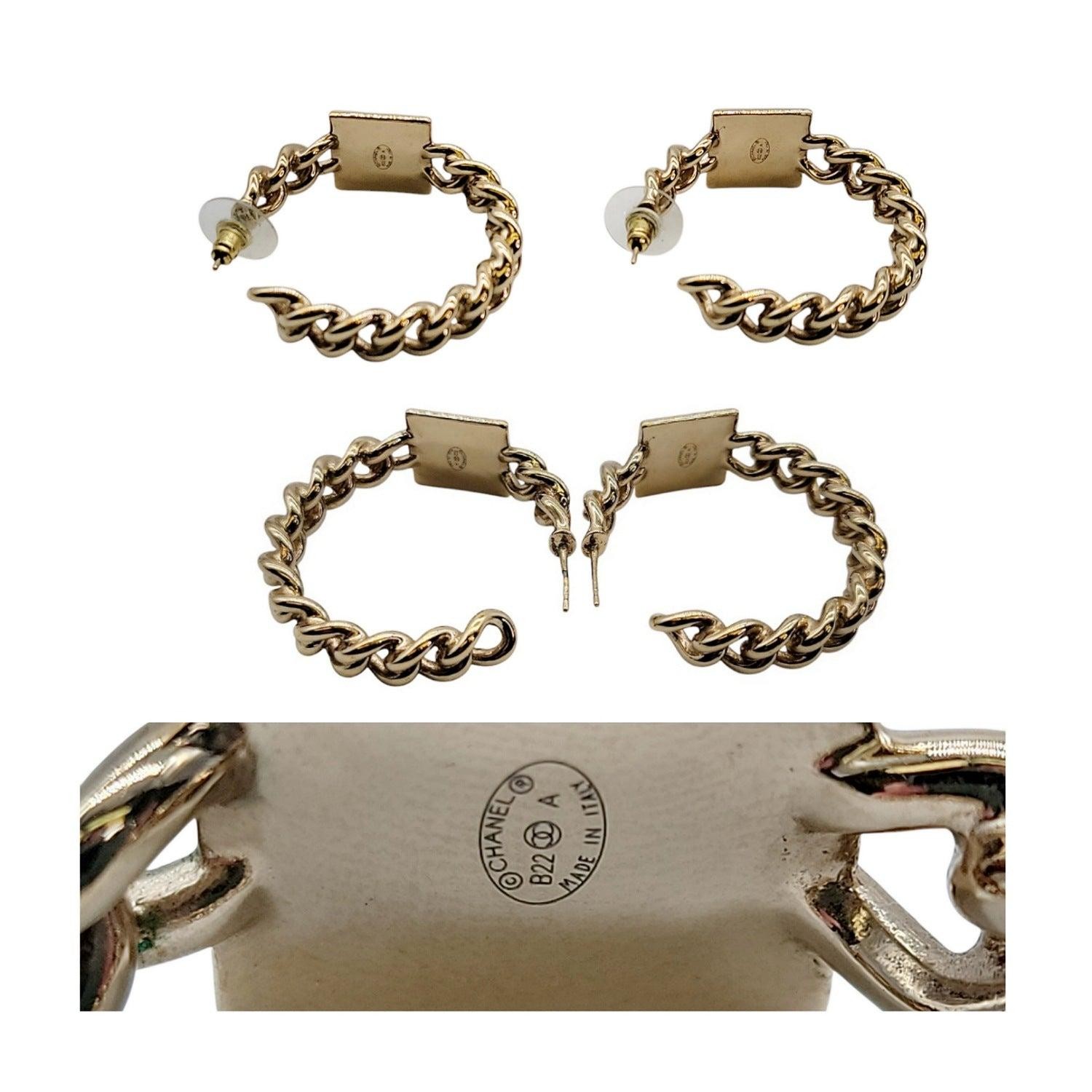 Chanel Metal Enamel CC Square Chain Hoop Earrings