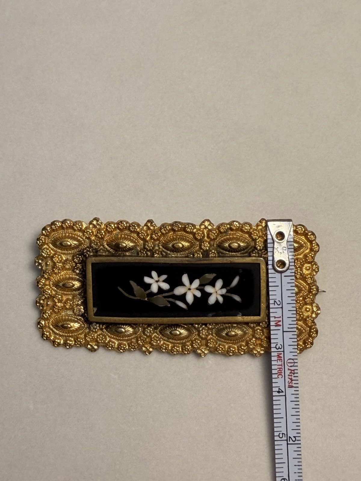 Victorian 9k Gold Plated Pietra Dura Brooch