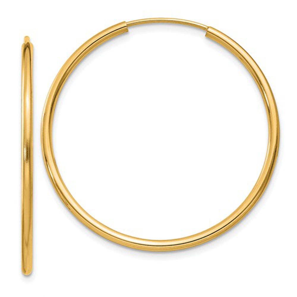 14k Yellow Gold Continuous Endless Hoop Earrings (1.5mm), All Sizes