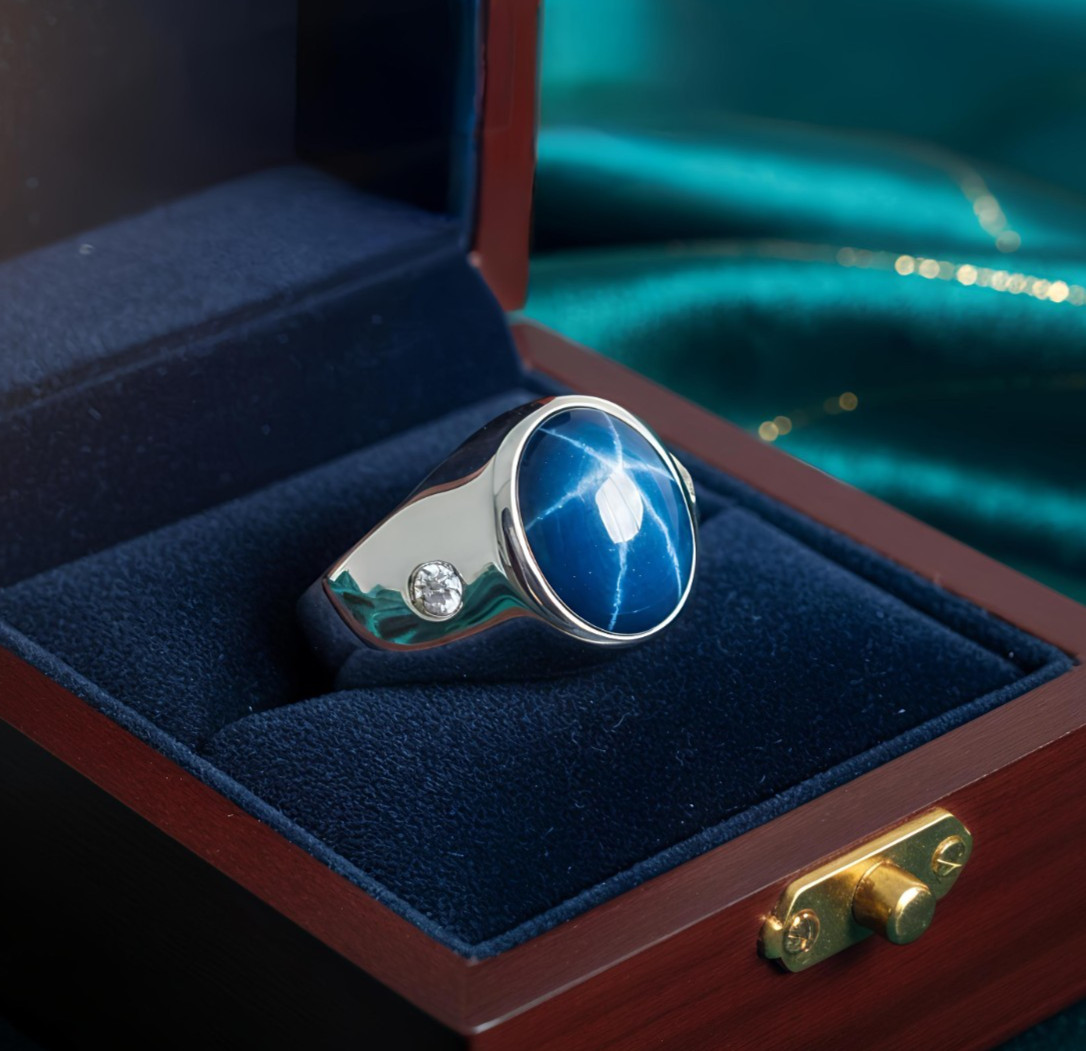 Blue Star Sapphire Mens Ring 925 Sterling Silver Dainty Star Sapphire Ring