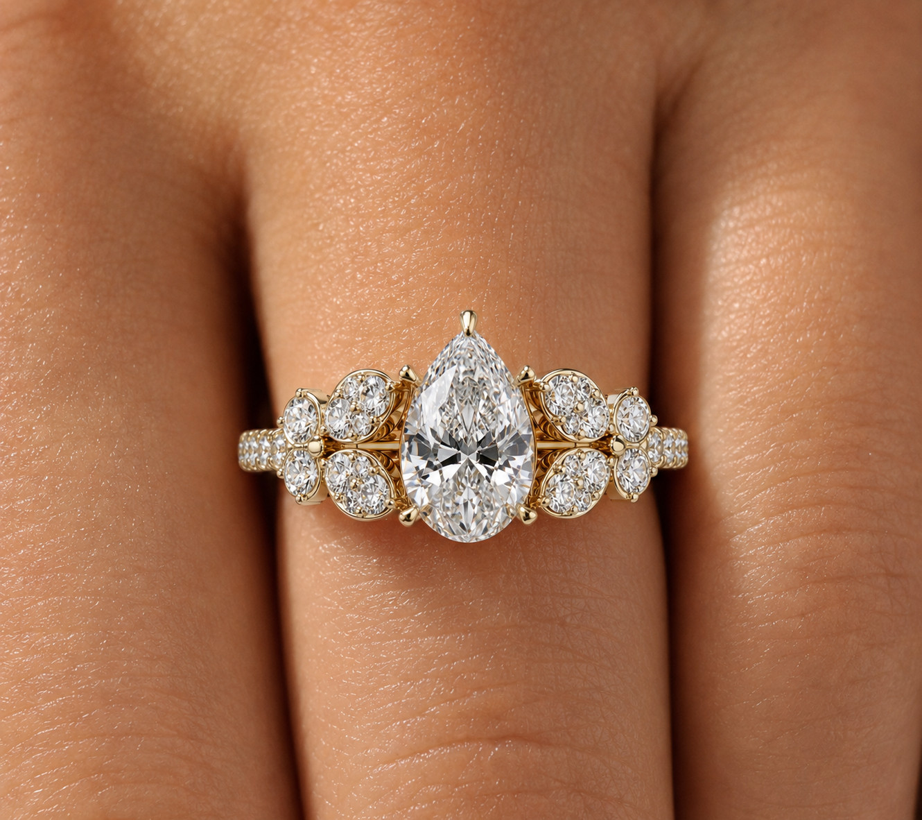 Floral Cluster Bridal Ring Pear Cut Lab Grown Diamond 925 Silver 1.40 CT DEF VVS
