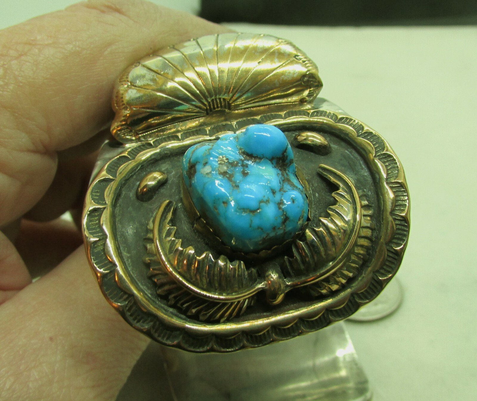 VTG SW N A WATCHBAND W/TURQUOISE & CORAL GOLD OVERLAY W/SS UNDERNEATH-NEW PRICE