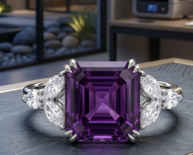 RARE 5.30 Ct Certified Asscher Cut Purple Natural Diamond Ring White Gold Finish