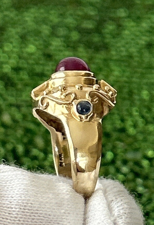 Vtg.10K Solid Yellow Gold Ruby White & Blue Sapphire Ring 7.83g.Heavy – Sz:6.5