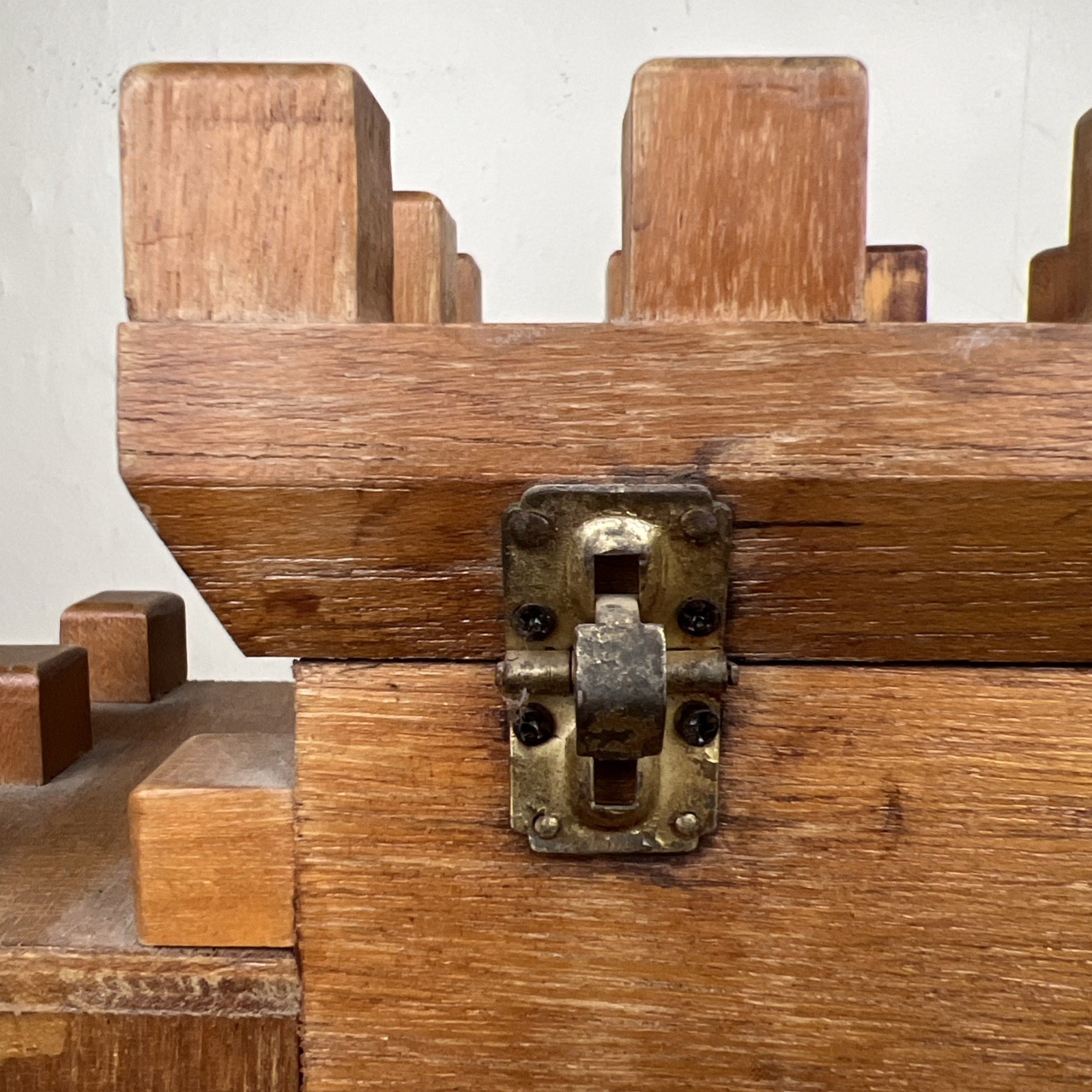 VTG Mid Century Castle Wooden Jewelry Box Red Velvet Lined 13.5″ Medieval Patina