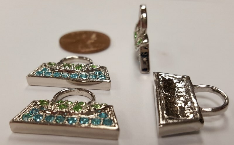 1 GREEN BLUE RHINESTONE SILVER HANDBAG 23mm. FLOATING CHARM FINDING R813