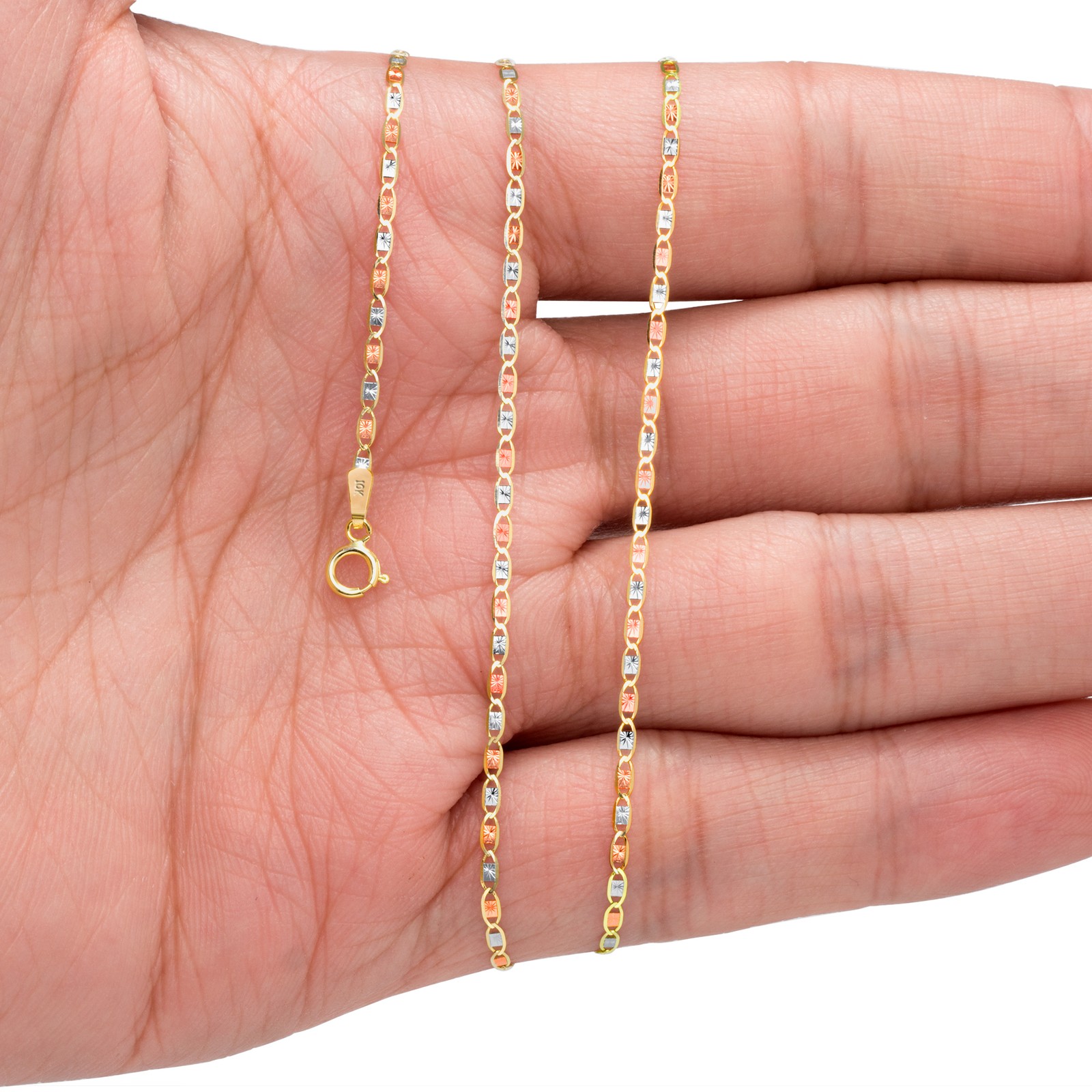 10K Solid Tri Yellow Rose White Gold 1.5mm Valentino Chain Womens Necklace 16″