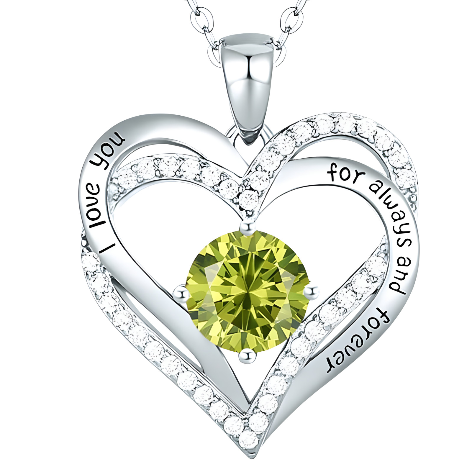 Lime Citrine Yellow Zircon Heart Necklace Women Rhodium-Plated Base Metal B275