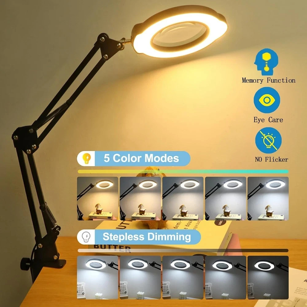 12X Magnifying Glass Lamp with Light & Stand 84 LED Dimmable 5 Color Desk Clamp