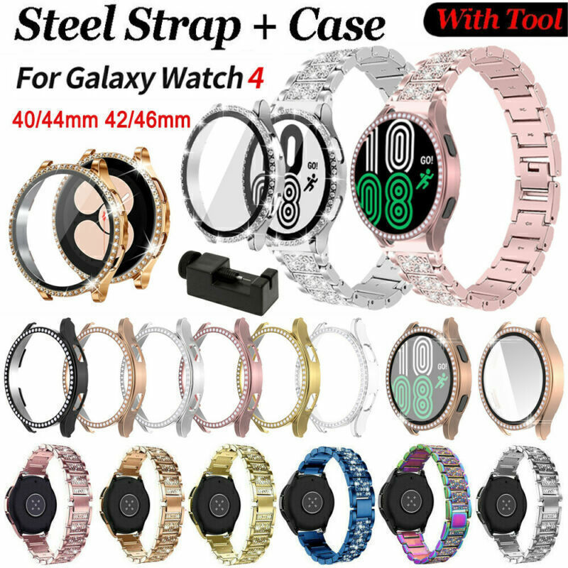 Metal Strap Band Bling PC Case Cover For Samsung Galaxy Watch 4 5 6 7 40mm 44mm