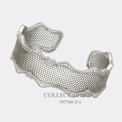 Authentic Pandora Silver Mesh Heart Lace of Love Cuff CZ Bracelet 597704CZ