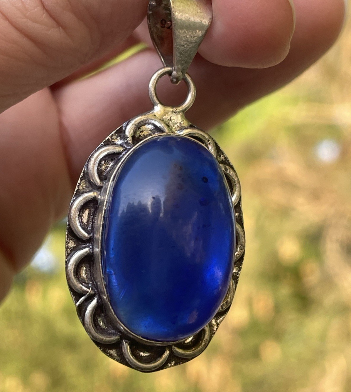 Sterling Silver 925 Cobalt Blue Glass? Cabochon Oval Pendant Vintage Style Boho