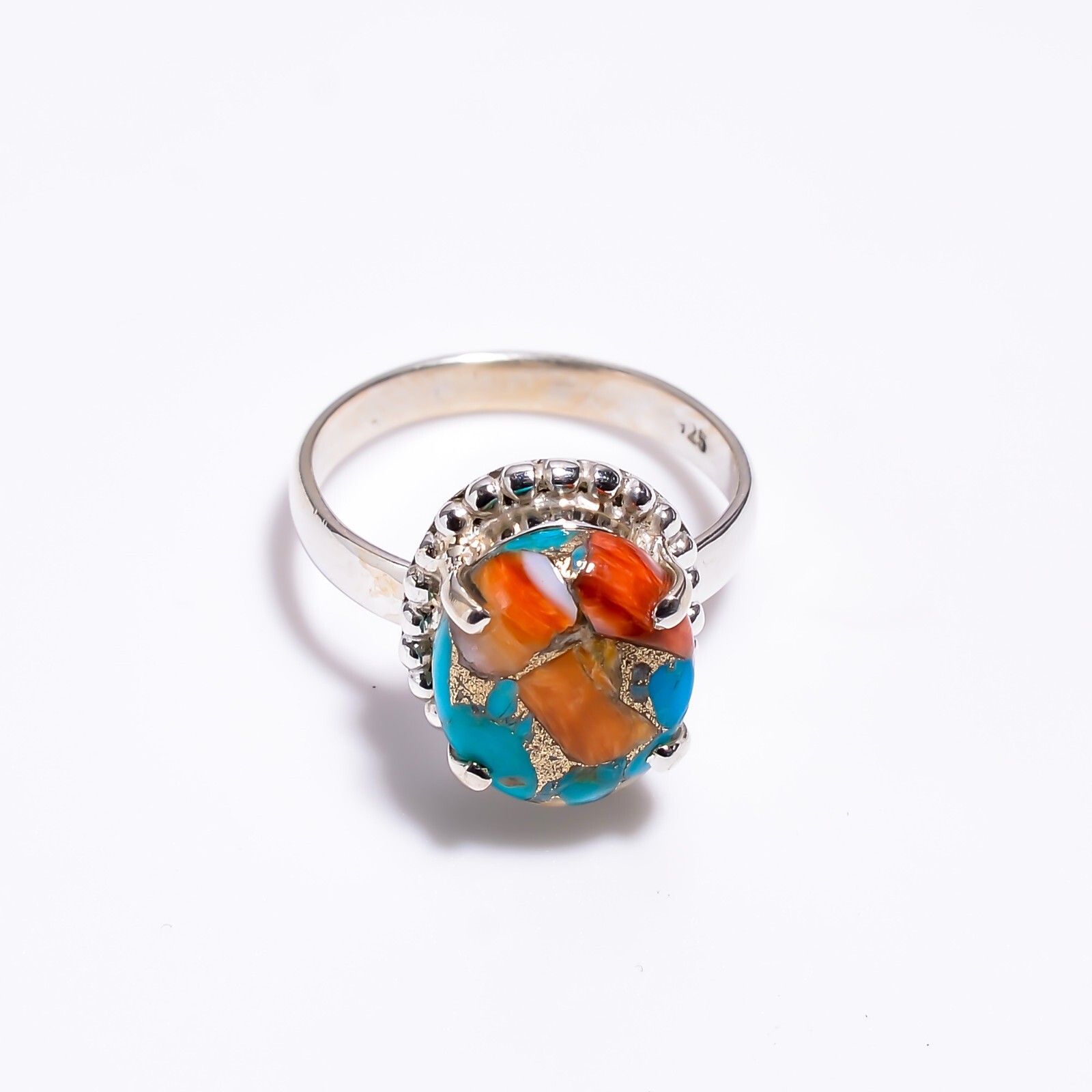 Oyster Turquoise Gemstone Statement Vintage Ring Size 925 Silver For Girls