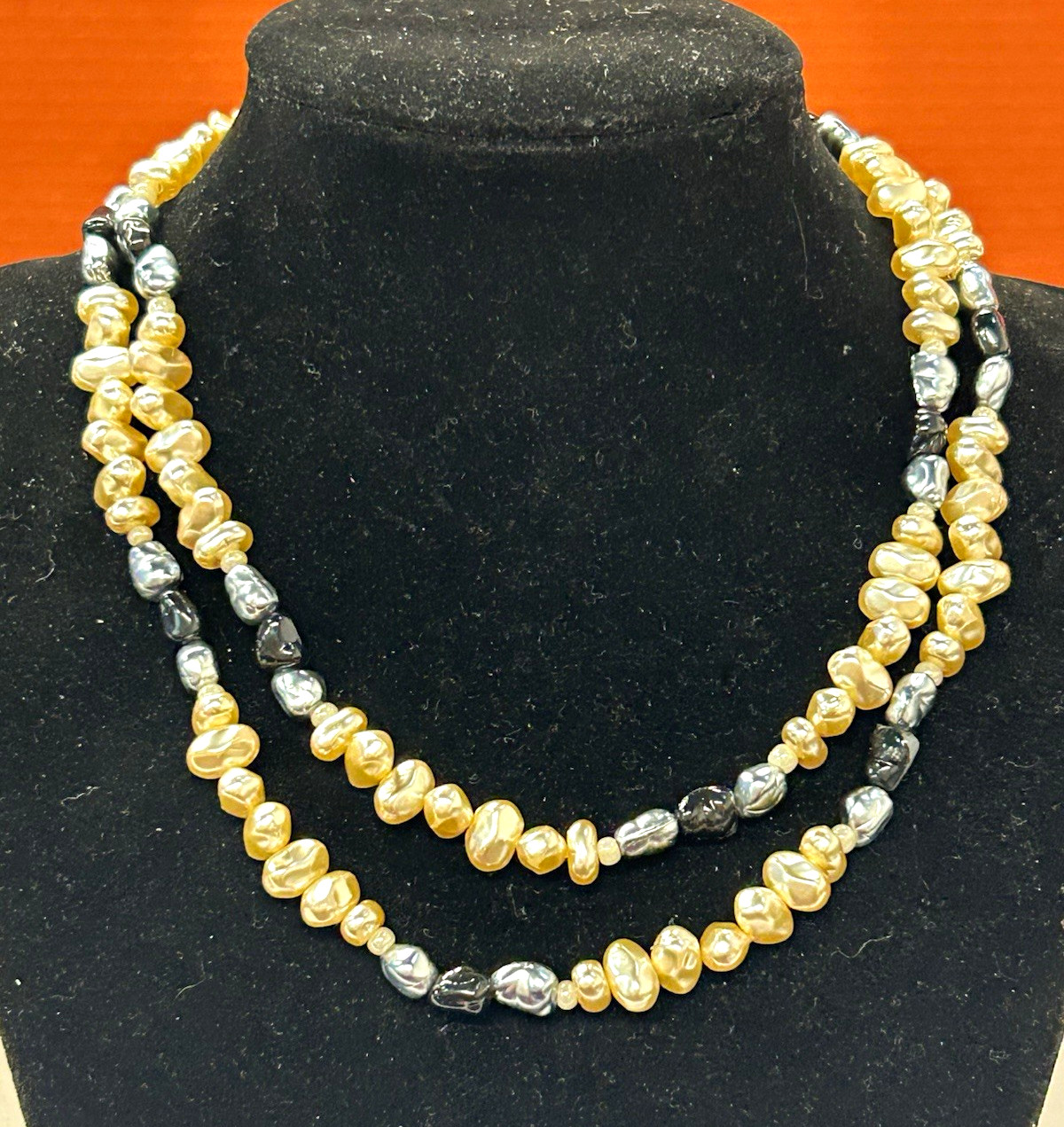 Baroque faux Pearl Beaded Necklace Cream Gray Black Silver Spring Ring