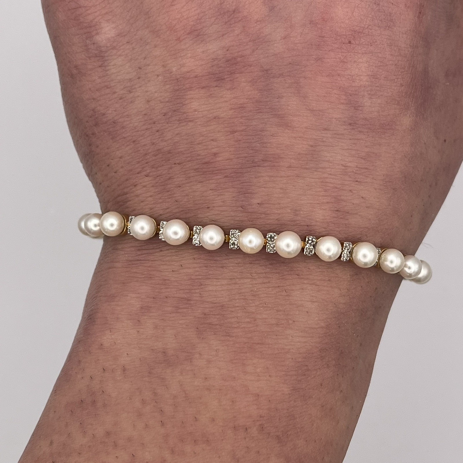 14k Yellow Gold Ladies 4.7mm Pearl & Diamond Tennis Bracelet w Lobster Clasp 7″