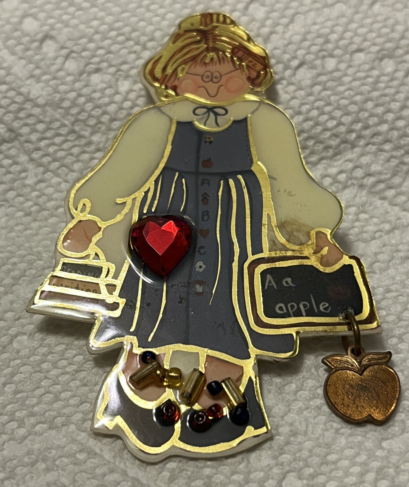 Bagatelle Teacher Pin # 9 1993 Blue Dress Dangling Gold Apple Books, Chalk Bd