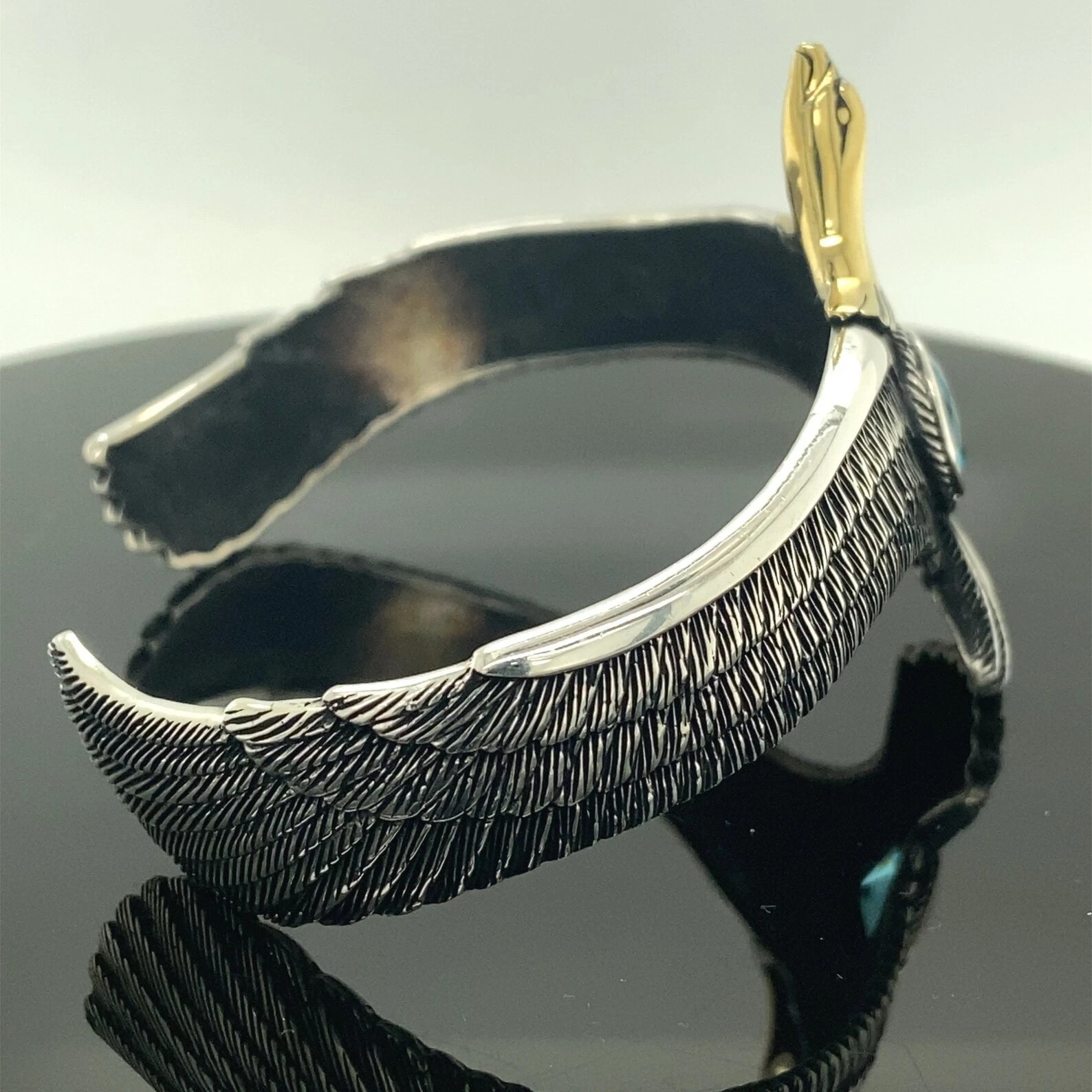 German Silver 925 Stamped Eagle Bracelet with Aquamarine Cuff Bangle