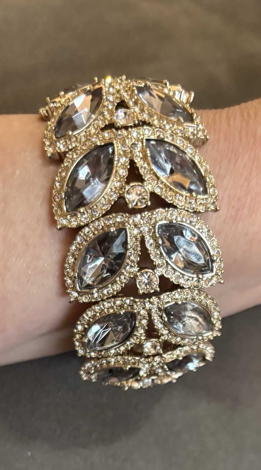 Vintage Crystal Wide Bracelet Angular Design Special Occasion Smokey-Gray 7in