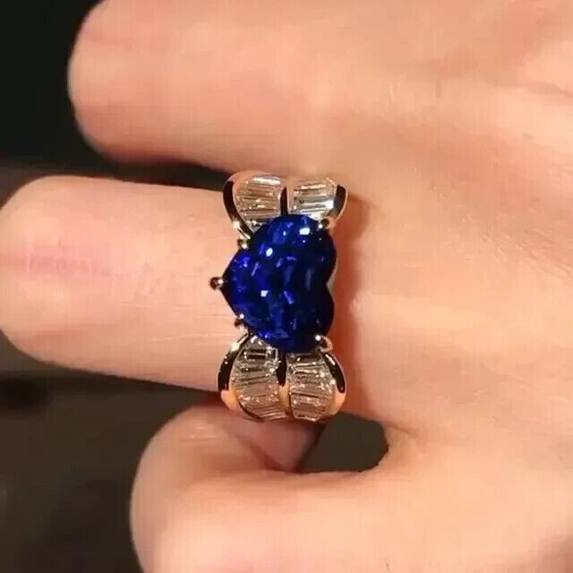14k White Gold Plated Heart Simulated Sapphire Women’s Wedding Solitaire Ring