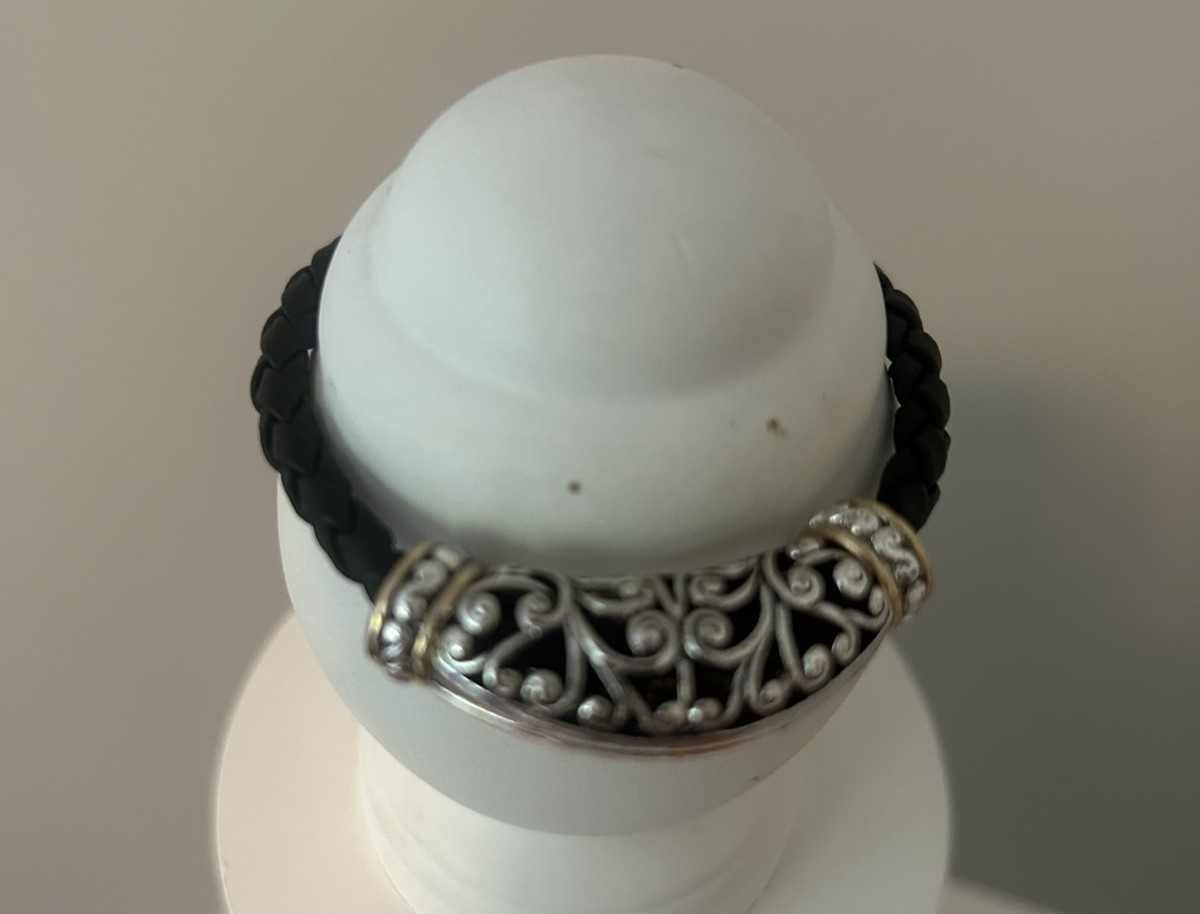 Vintage Black & Silver Gold Accent Faux Leather Braided Bracelet 7.5”