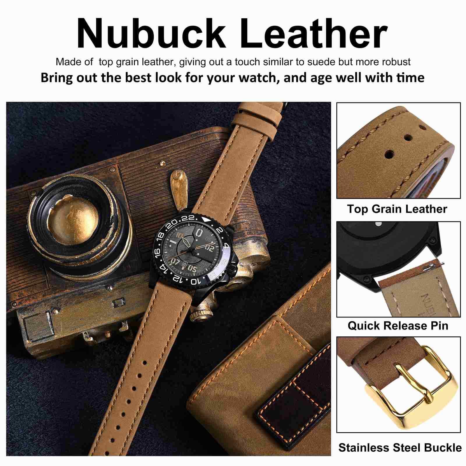 WOCCI Nubuck Top Grain Leather Watch Straps for Men Women Black Brown Green Blue