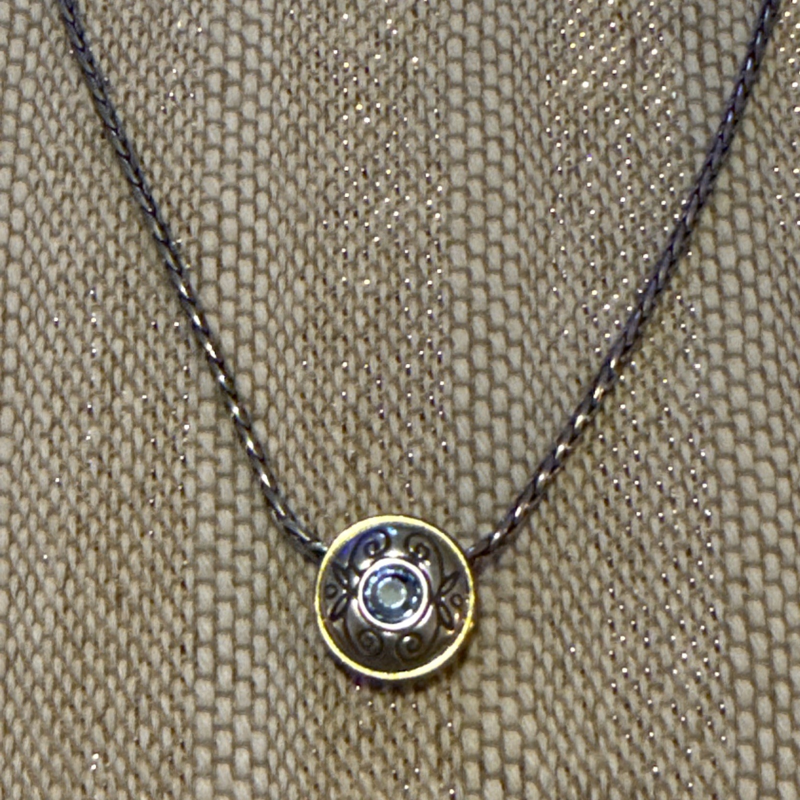Brighton Silver Tone Chain Necklace Blue Swarovski Crystal Charm Gold Accents