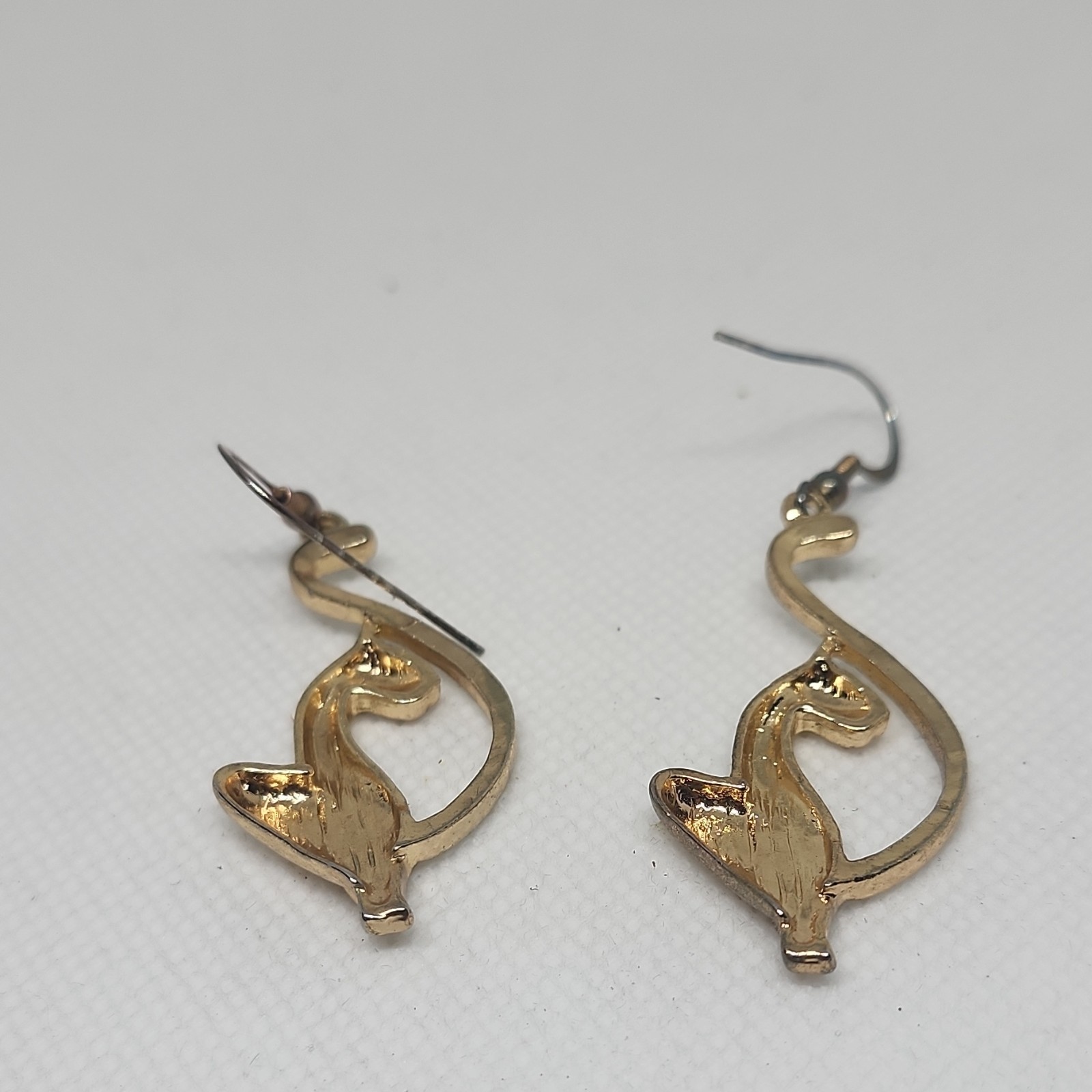 Gold Tone Cat Dangle Drop Hook Earrings Metal Animal Theme Lobe Pair