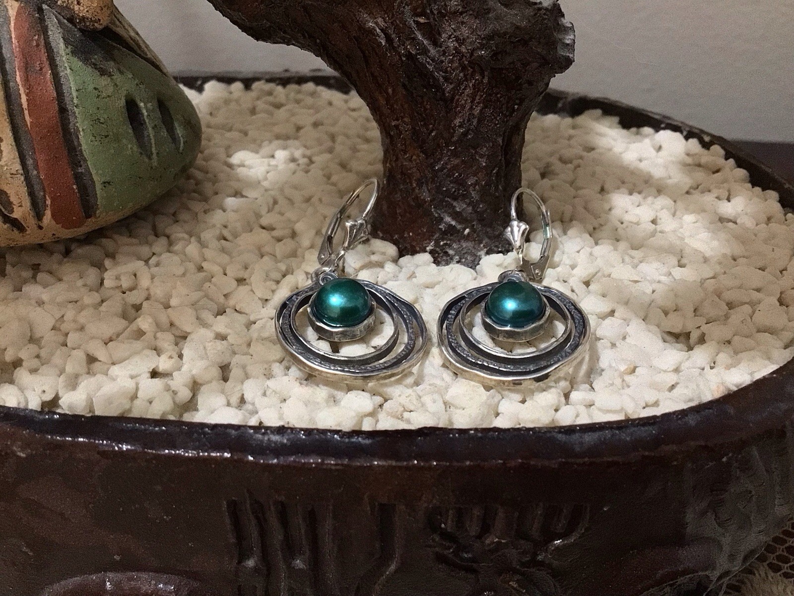 PZ ISRAEL 925 Sterling Silver Cultured Teal Pearl Triple-Circle Earrings 5g EUC