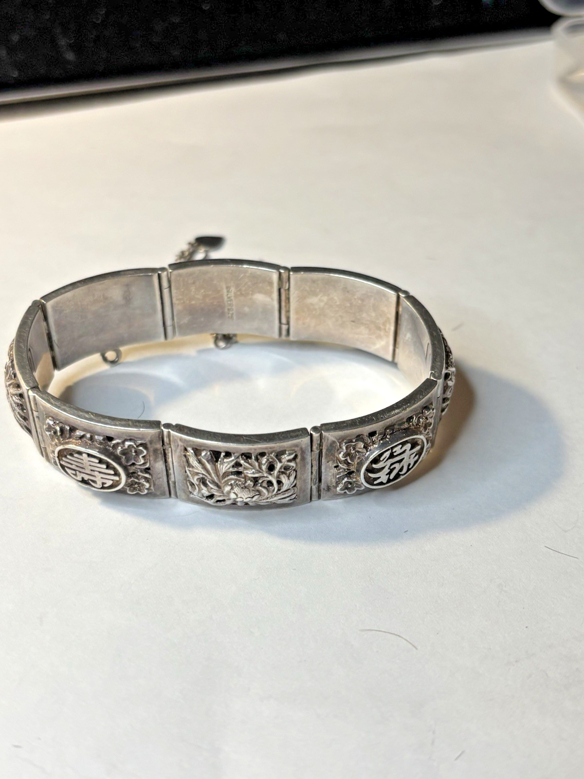Sterling Silver Antique Chinese Character Lotus Oxidized Panel Bracelet 7″ 39.3g
