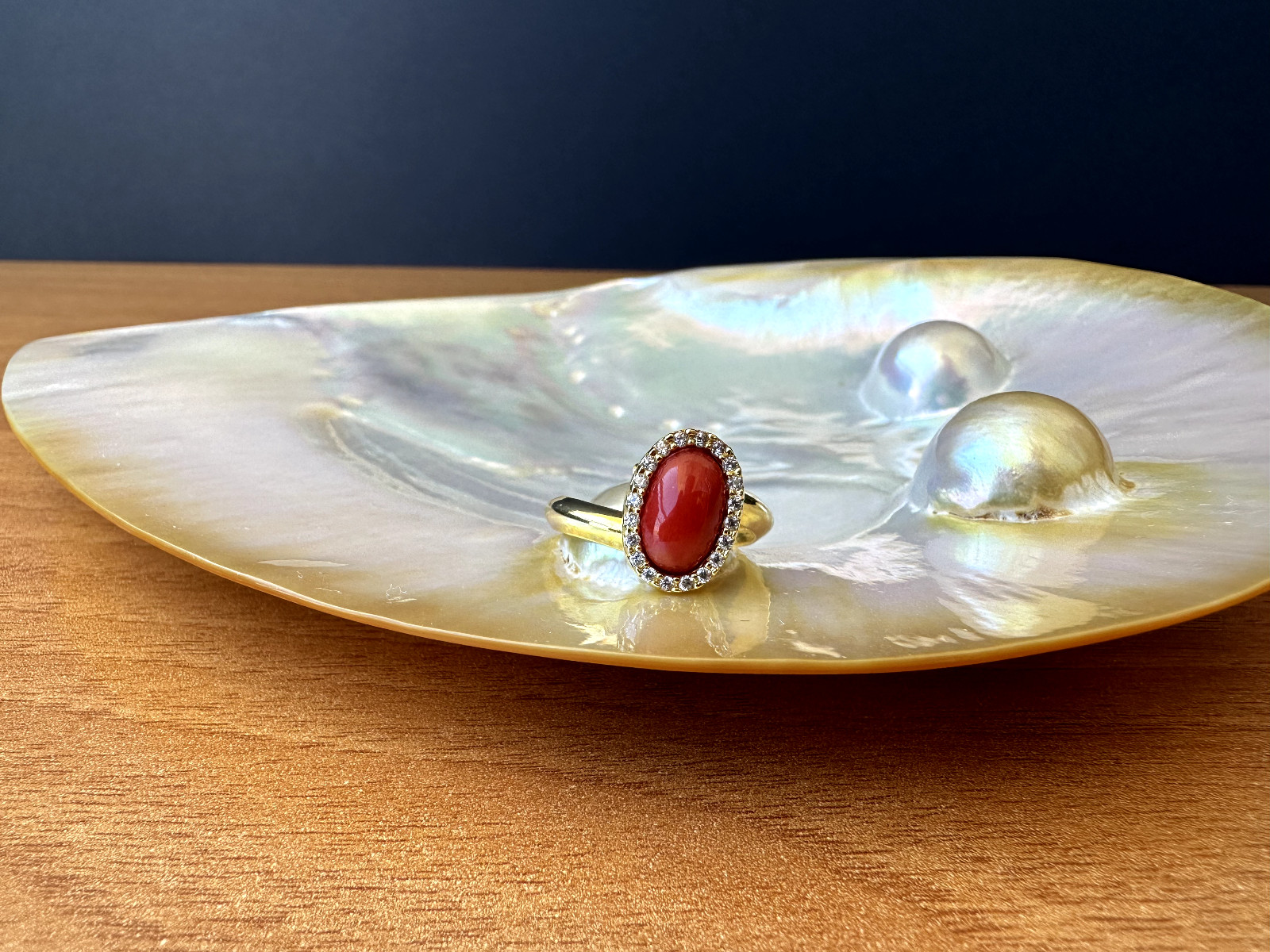 925 Silver Ring with Mediterranean Red Coral CZ “Spool”