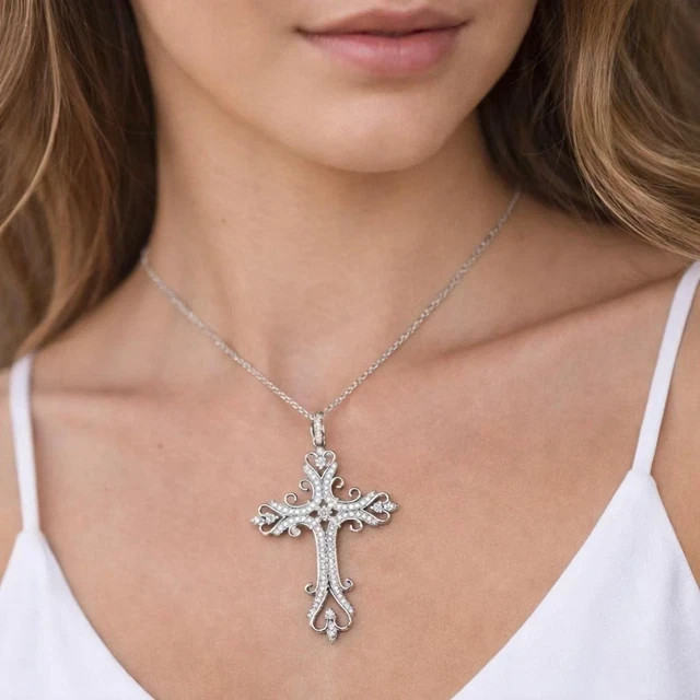 2CT Round Moissanite Cross Women’s Pendant in 925 Sterling Silver with 18″ chain