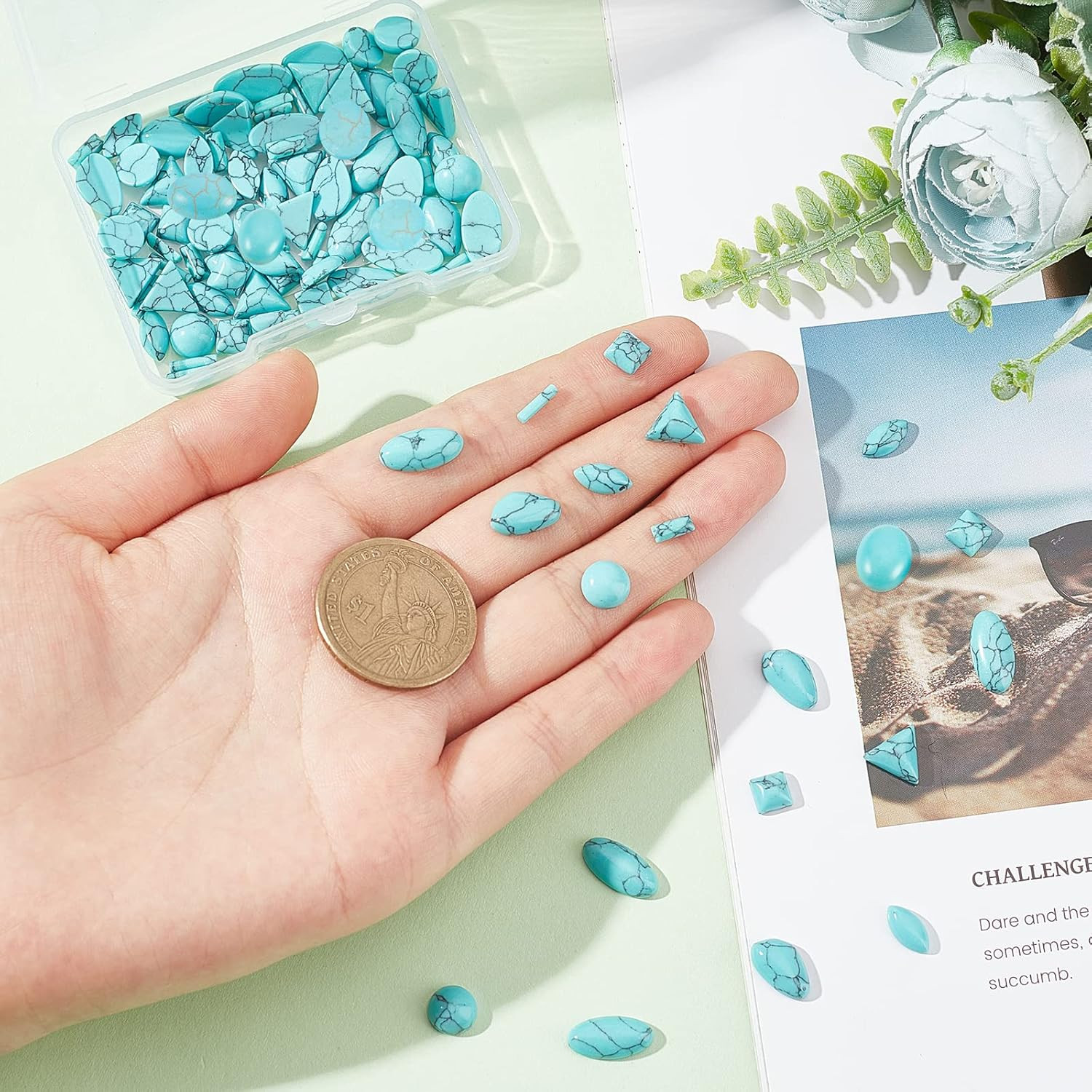 96Pcs Stone Cabochons, 8 Shapes Blue Texture Gemstone Tiles Column Square Bead H