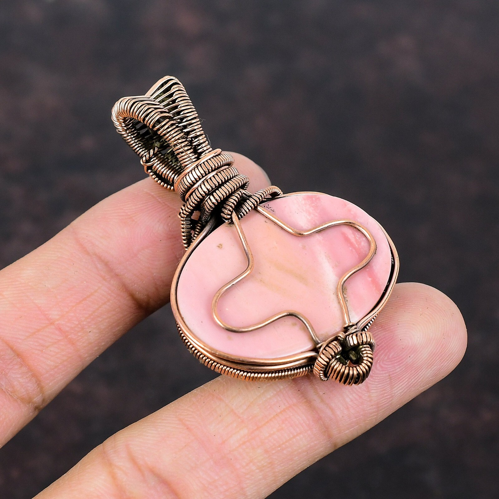 Pink Opal Gemstone Handmade Jewelry Copper Wire Wrapped Pendant For Women 2.32″