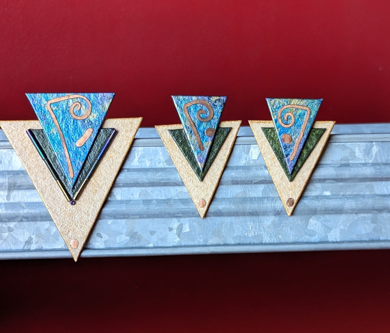 Artisan 3pc SET Gold Blue Green Paper Triangle Brooch & Earrings Modern Abstract