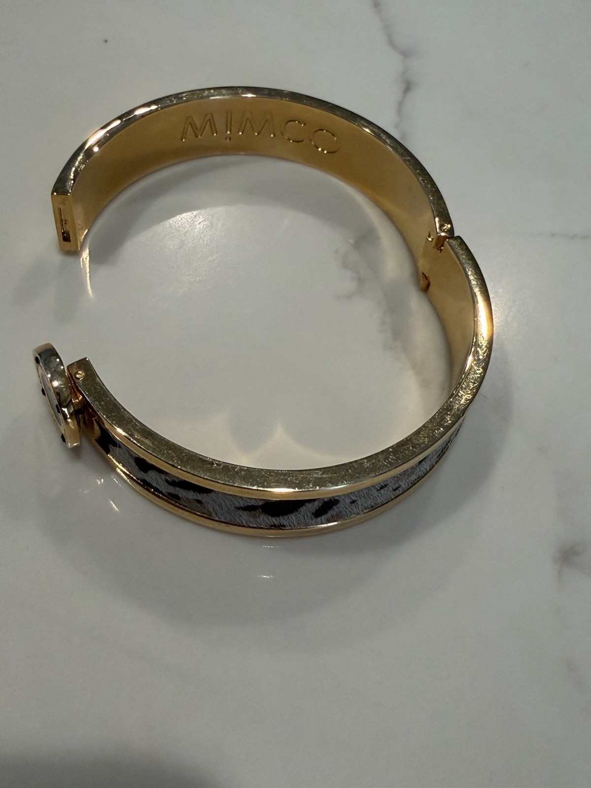 Mimco Gold Tone Hinged Bangle Cuff Bracelet Animal Print Inlay Signed Charm