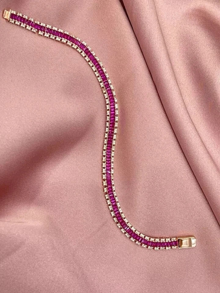 10Ct Baguette Cut Lab Created Ruby& Diamond Tennis Bracelet 14K Gold Plated 8″
