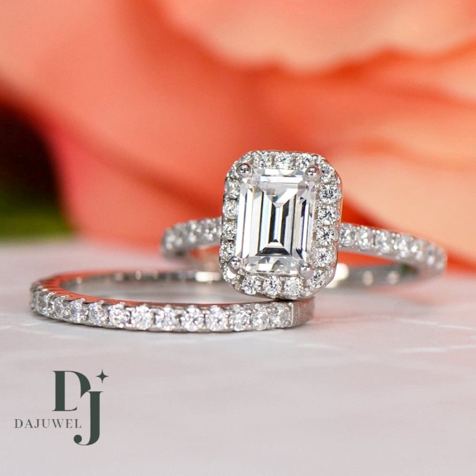 2.50 CT Emerald Cut Moissanite Bridal Set Engagement Ring Solid 14K White Gold
