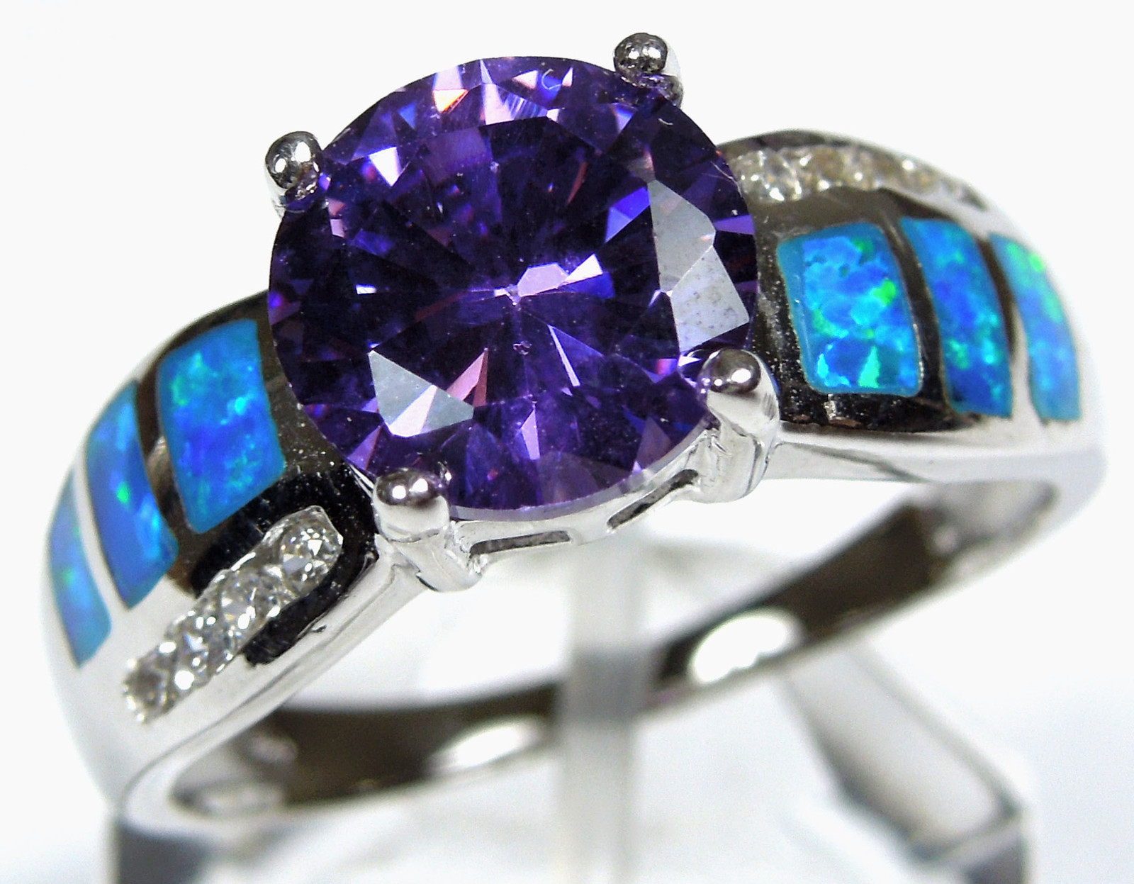 2 ct Amethyst & Blue Fire Opal Inlay 925 Sterling Silver Ring Size 6,7,8,9
